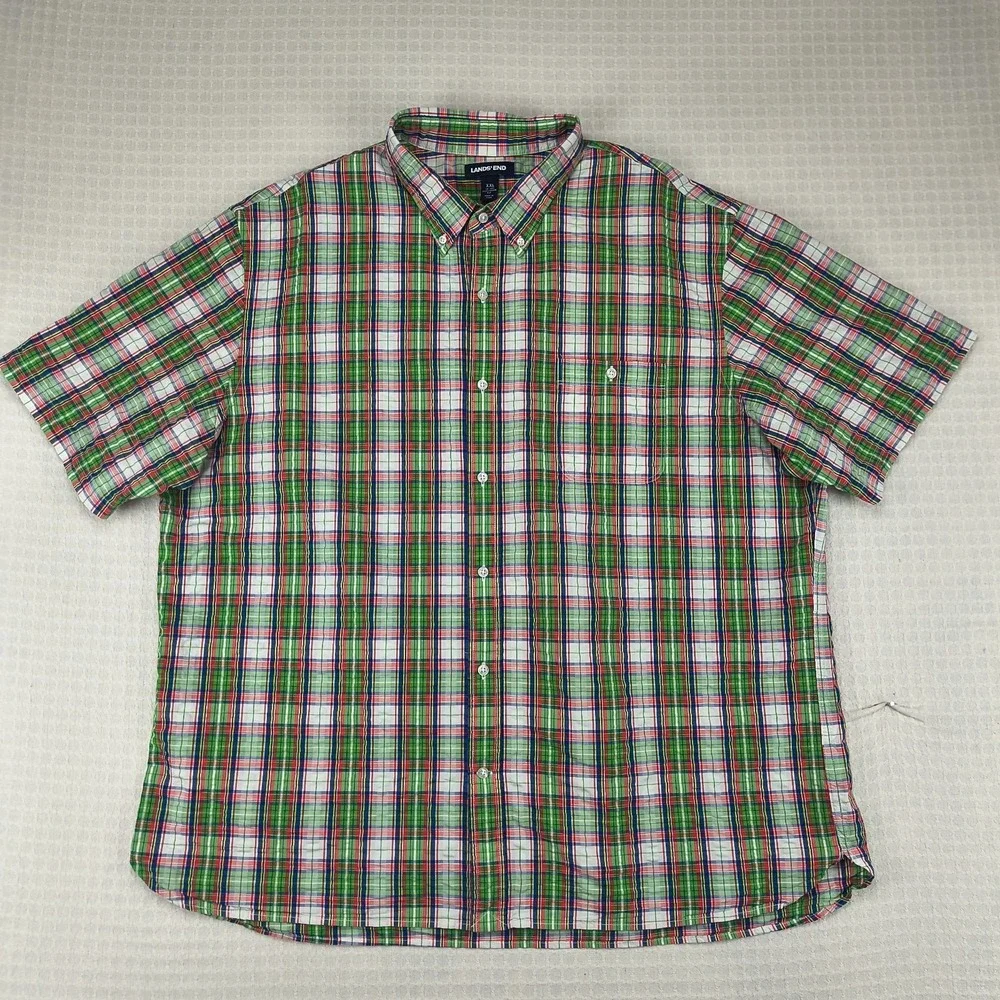 Lands End Men XXL Traditional Fit Short Sleeve Button Down Plaid Shirt Green Red